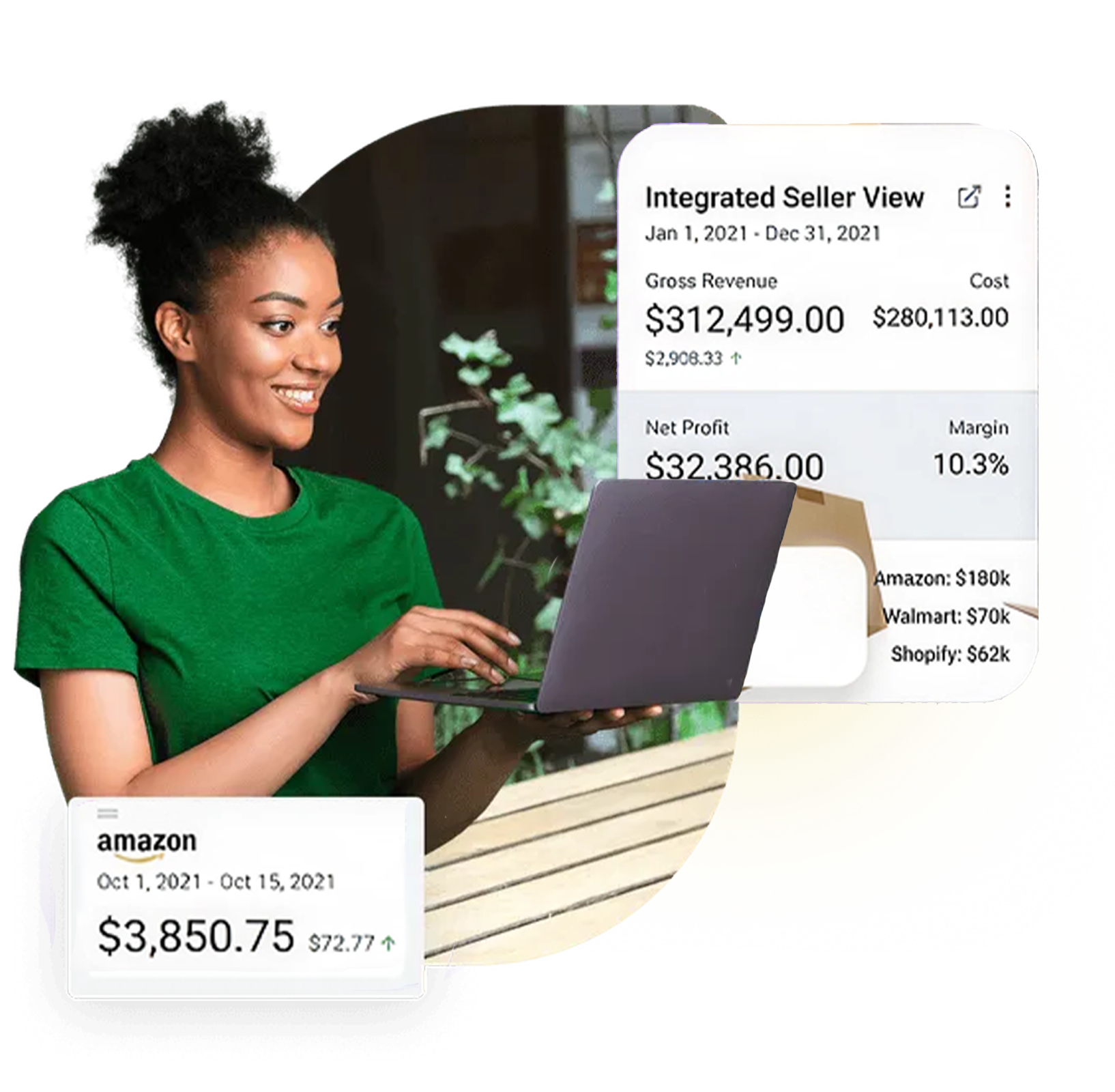 E-commerce seller with Amazon, Walmart, and Shopify automation dashboards