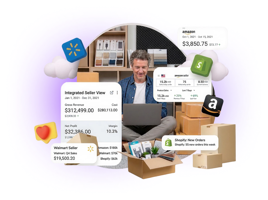 E-commerce seller with Amazon, Walmart, and Shopify automation dashboards